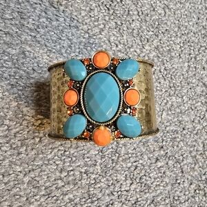 IMAN Unique Gold Cuff Bracelet Turquoise & Orange Lucite w/ Orange Crystals